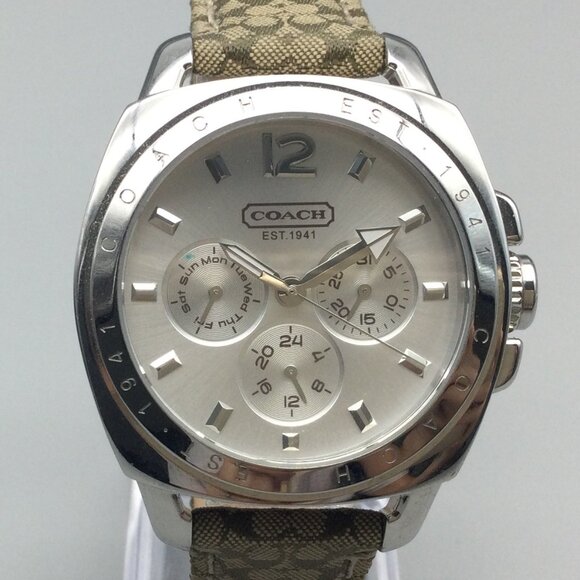 Coach Boyfriend Watch Women 41mm Silver Tone Day Date Logo Band New Battery - Picture 1 of 16